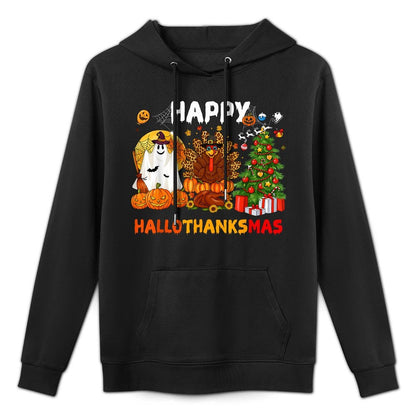 Retro Happy Hallothanksmas Halloween Thanksgiving Christmas Medium-Weight Fabric Hoodie