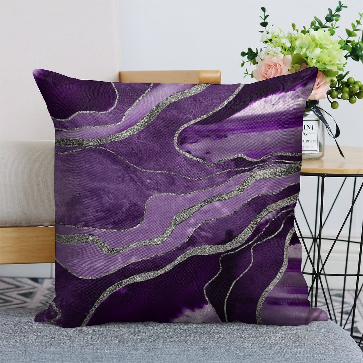 Purple Marble Agate Silver Glam #1 (Photo of Glitter Only - Not Reflective) Linen Throw Pillow Cover