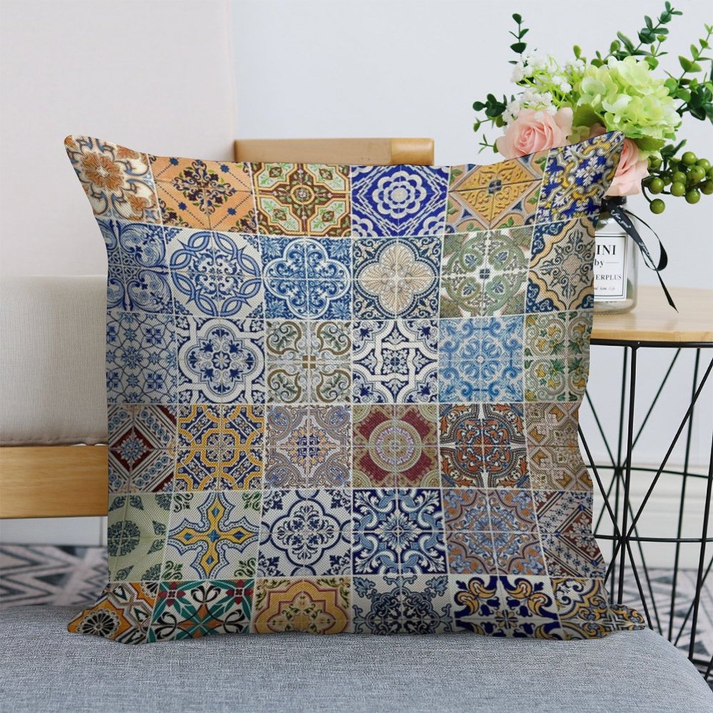 Set of 48 Ceramic Tiles Patterns Linen Throw Pillow Cover