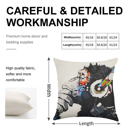 Banksy DJ Monkey Thinker with Headphones White Linen Throw Pillow Cover