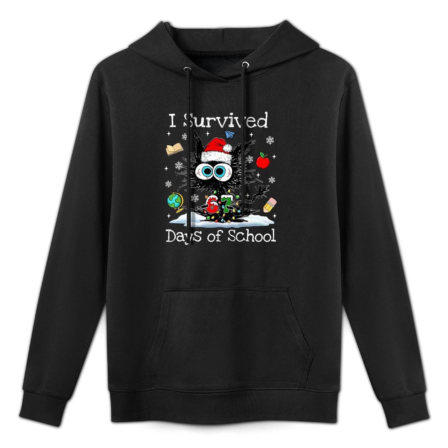 Funny Black Cat Christmas I Survived 67 Days of School Moisture-Wicking Hoodie