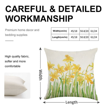 Hand Painted Yellow Daffodils Field Watercolor Linen Throw Pillow Cover