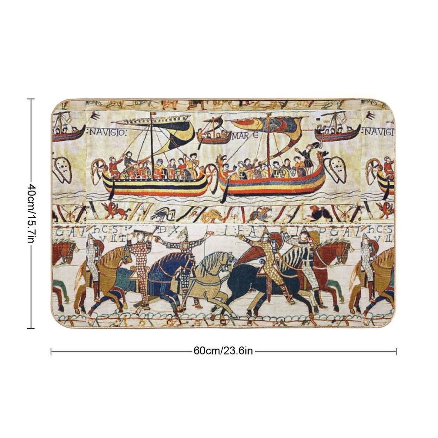 THE BAYEUX TAPESTRY ,BATTLE OF HASTINGS ,NORMAN KNIGHTS HORSEBACK, ARCHERS AND VIKING SHIPS Bath Mat