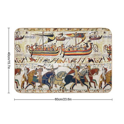 THE BAYEUX TAPESTRY ,BATTLE OF HASTINGS ,NORMAN KNIGHTS HORSEBACK, ARCHERS AND VIKING SHIPS Bath Mat