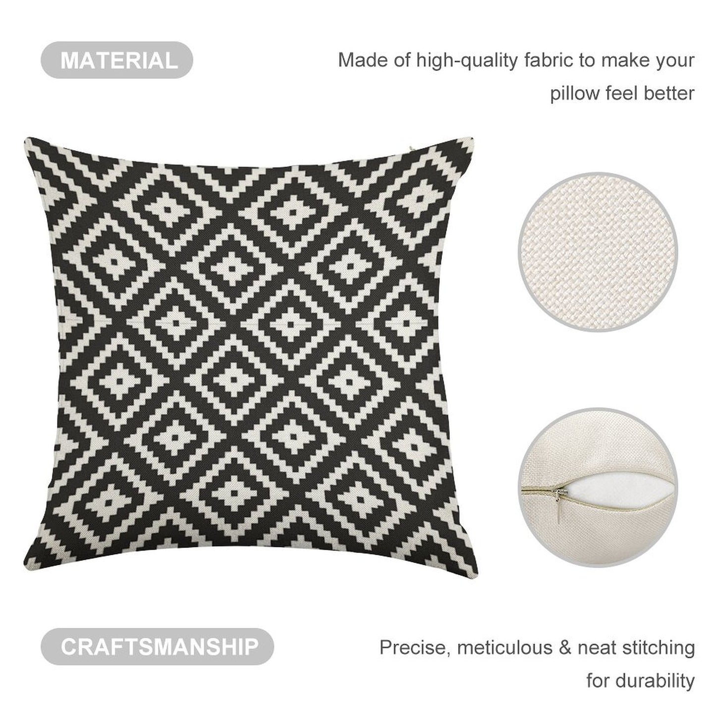 Aztec - White on Black Linen Throw Pillow Cover