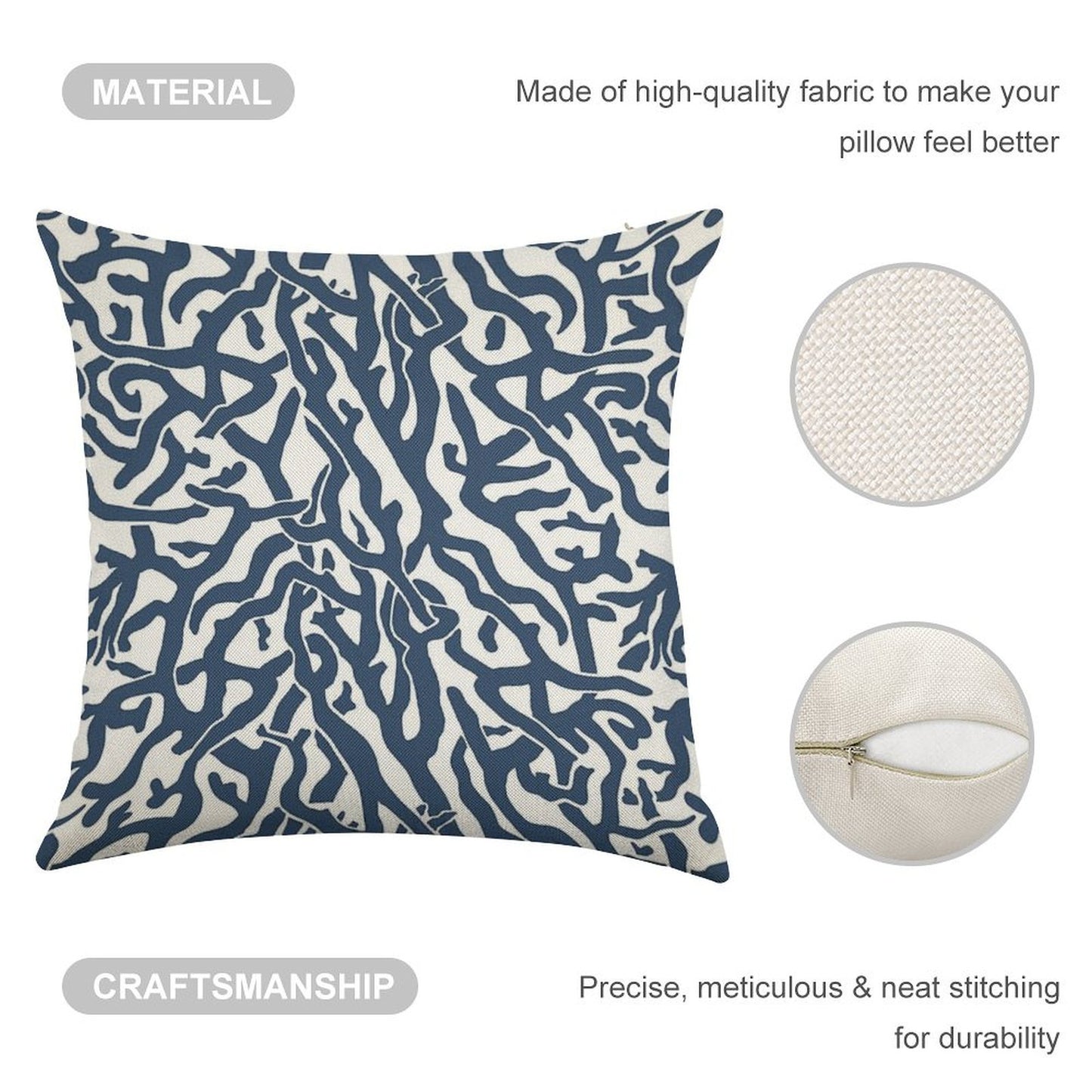 Coral Reef Pattern  Navy Blue White Coastal Beach House Linen Throw Pillow Cover