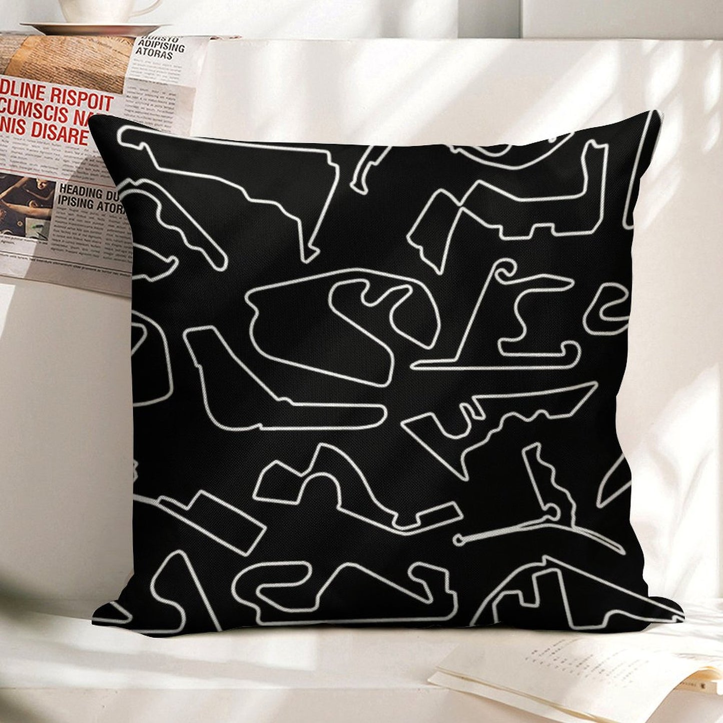 Formula One Circuits Outline - Black Linen Throw Pillow Cover