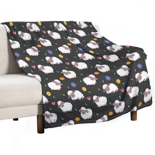Sheeps And Flowers in Cartoon Style Throw Blanket
