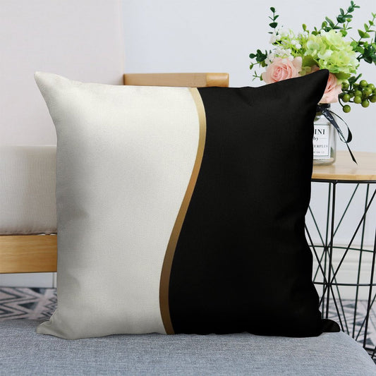 Black And White, Gold Wave Linen Throw Pillow Cover