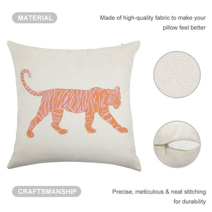 Orange And Pink Tiger Linen Throw Pillow Cover