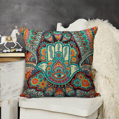 Hamsa Hand Linen Throw Pillow Cover