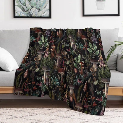 Vintage Mysterious Mushrooms Forest Botanical Botanical Night Garden Pattern NightGarden Throw Blanket