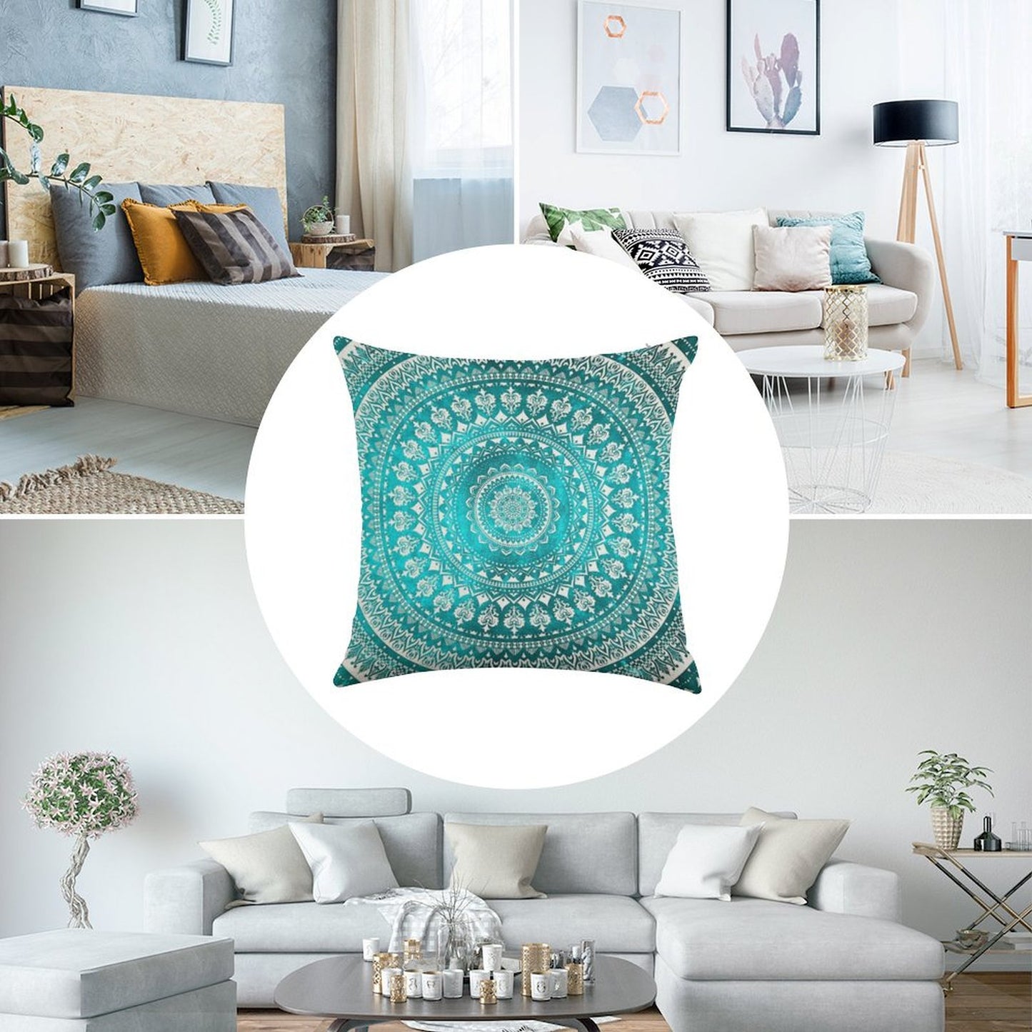 Mandala Turquoise Linen Throw Pillow Cover