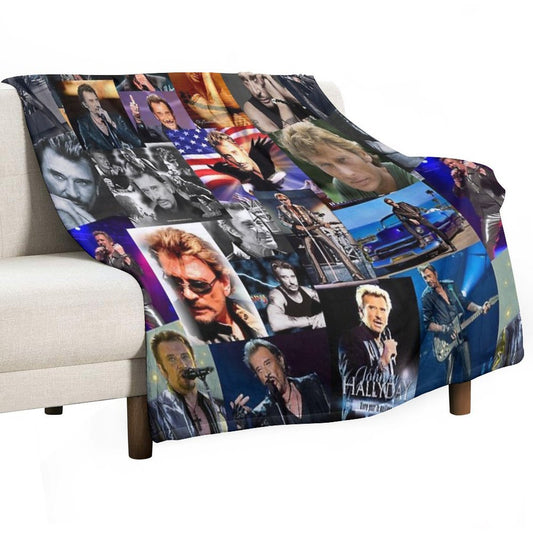 Johnny Hallyday French Singer Assorted Rectangular Vintage Collage Throw Blanket