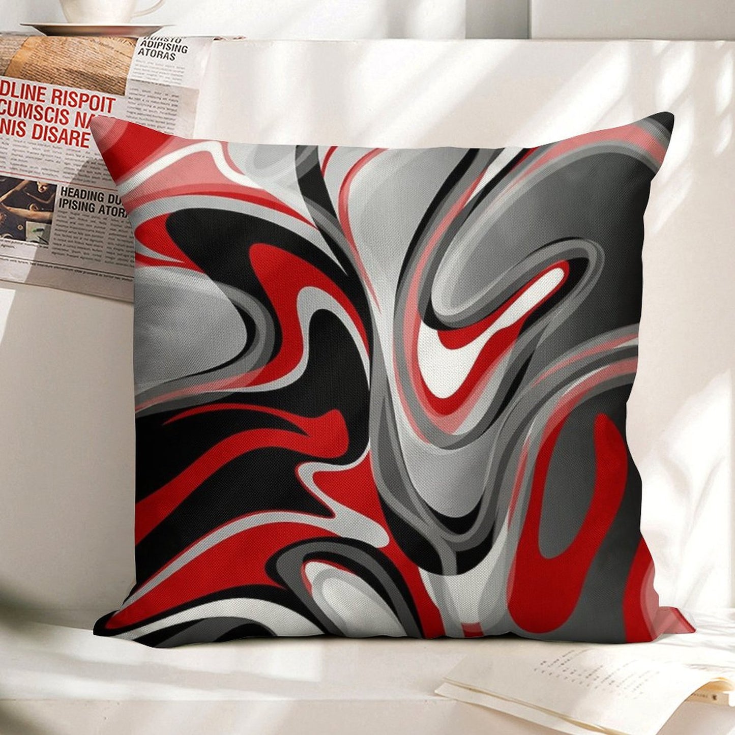 Liquify - Red, Gray, Black, White Linen Throw Pillow Cover