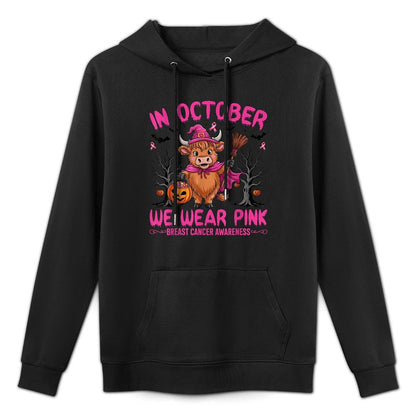 Highland Cow In October We Wear Pink Breast Cancer Halloween Colorfast Hoodie