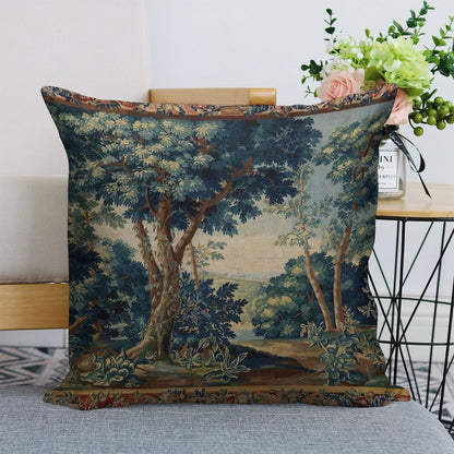 GREENERY, TREES IN WOODLAND LANDSCAPE Antique Flemish Tapestry Linen Throw Pillow Cover