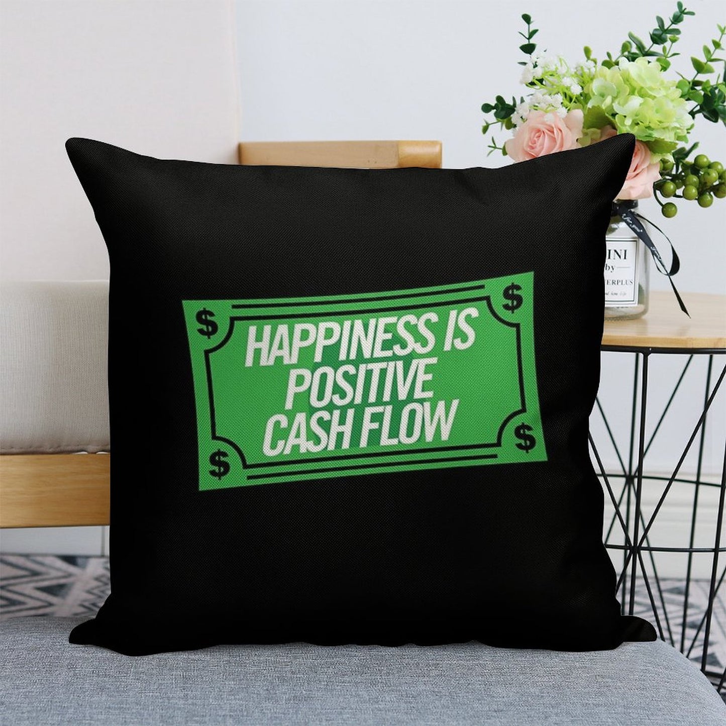 Happiness Is Positive Cash Flow Money Quote Linen Throw Pillow Cover