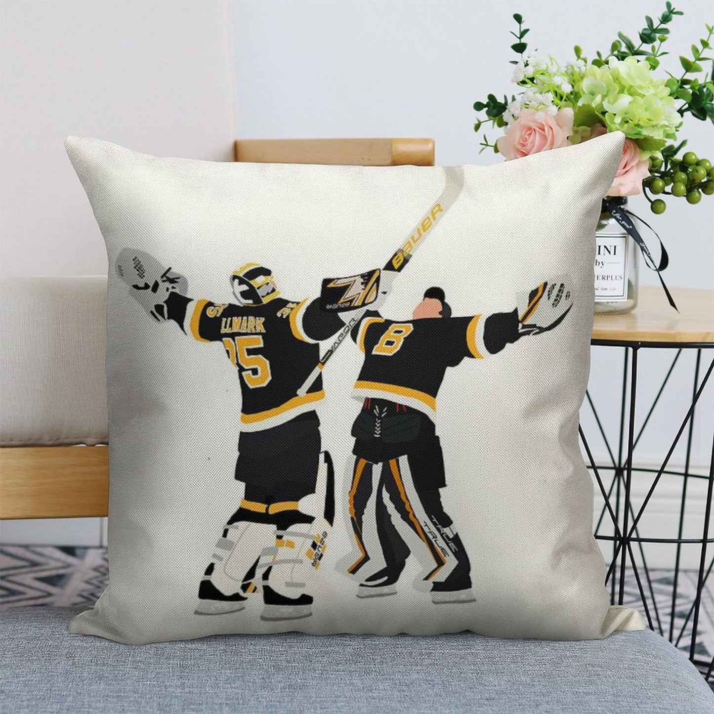 Jeremy Swayman And Linus Ullmark Hug Linen Throw Pillow Cover