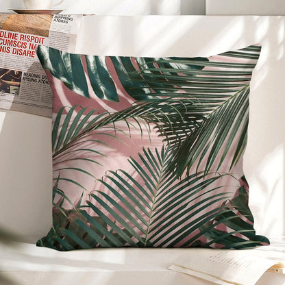 Pink Tropical Leaves Linen Throw Pillow Cover