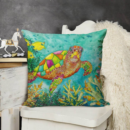Colorful Watercolor Sea Turtle Linen Throw Pillow Cover