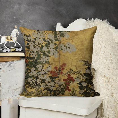White Red Chrysanthemums Floral Japanese Gold Screen Print Linen Throw Pillow Cover