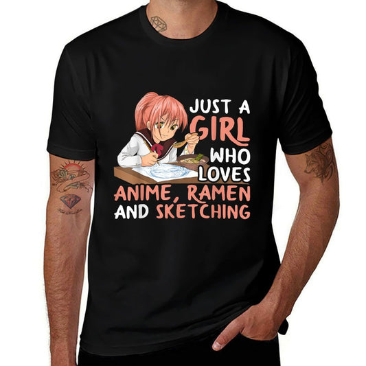Just A Girl Who Loves Anime Ramen And Sketching Japan Anime  Trendy Pattern T-Shirt