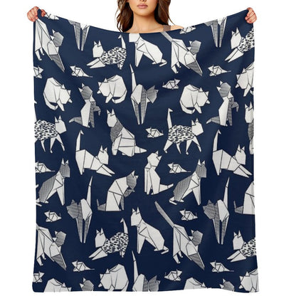 Origami Kitten Friends  Blue Navy Background Paper Cats Throw Blanket