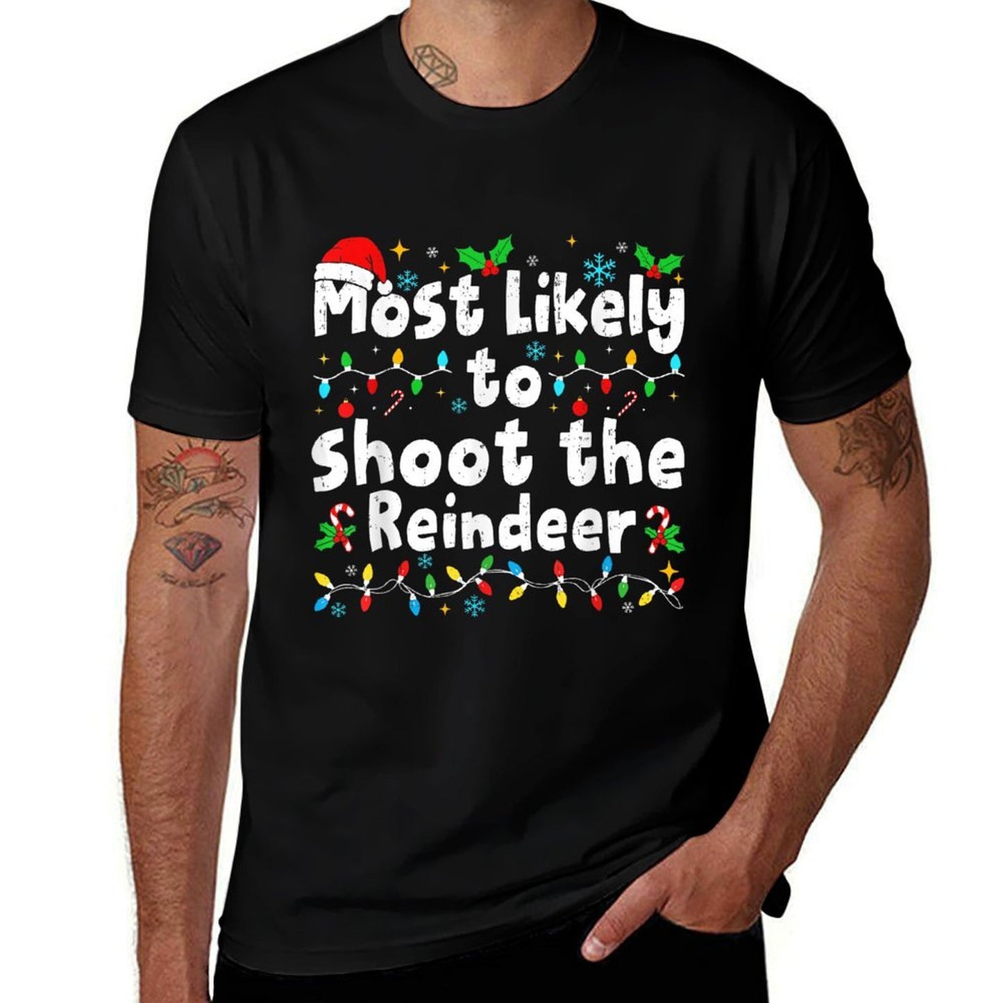 Most Likely to Shoot The Reindeer Christmas Matching Family  Ribbed Collar T-Shirt