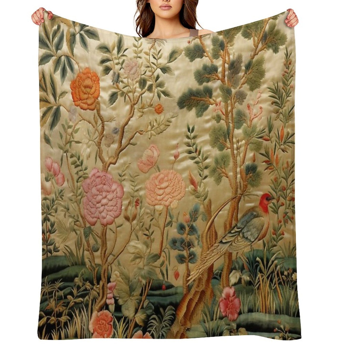 Silk Floral Birds Carpet Throw Blanket