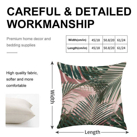 Pink Tropical Leaves Linen Throw Pillow Cover