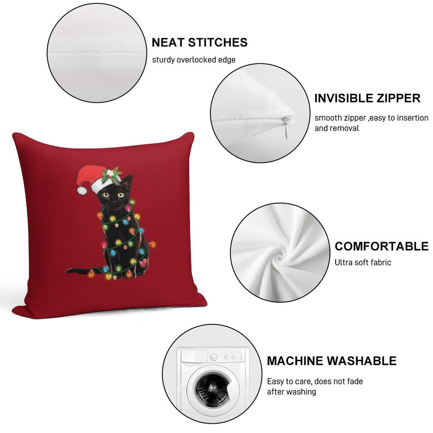 Santa Black Cat Tangled Up In Christmas Tree Lights Holiday Soft Washable Throw Pillow