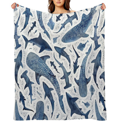 Monochrome Blue Watercolour Shark Ocean on White Throw Blanket