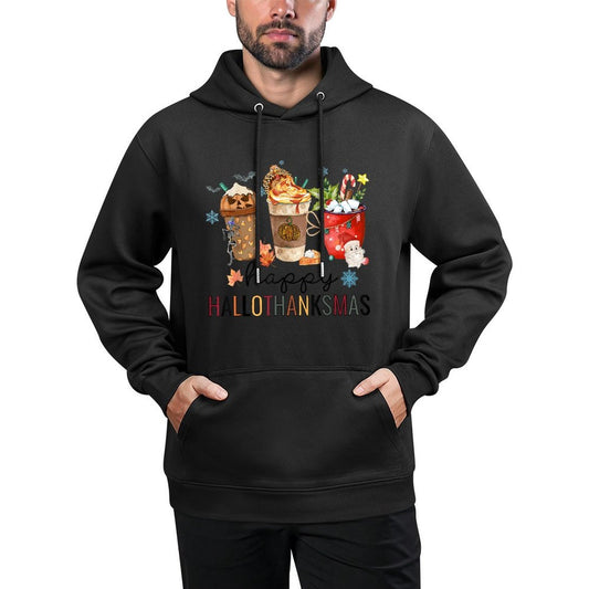 Happy Hallothanksmas Coffee Halloween Thanksgiving Christmas Medium-Weight Fabric Hoodie