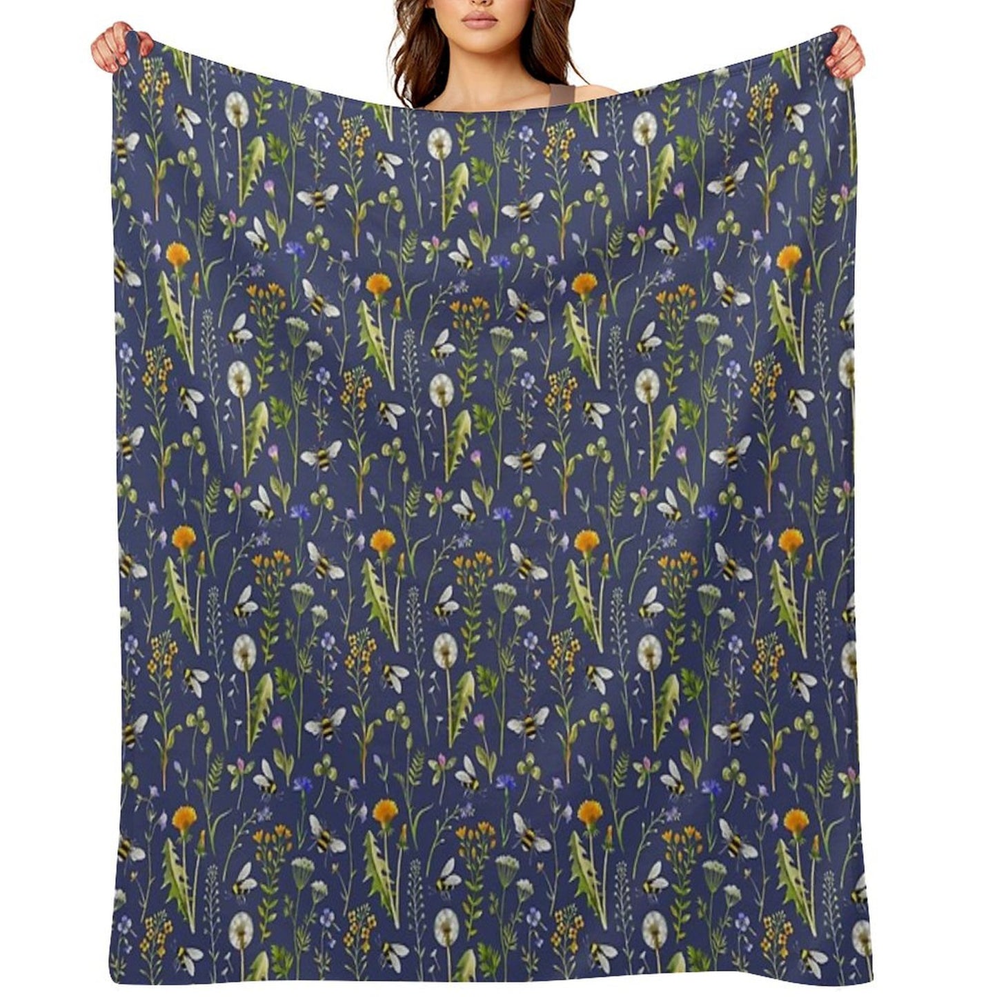 Bees And Wildflowers  Dark Blue Throw Blanket