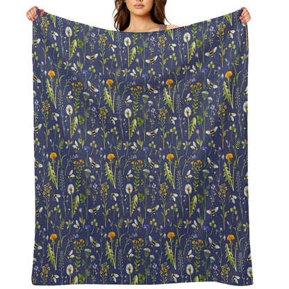 Bees And Wildflowers  Dark Blue Throw Blanket