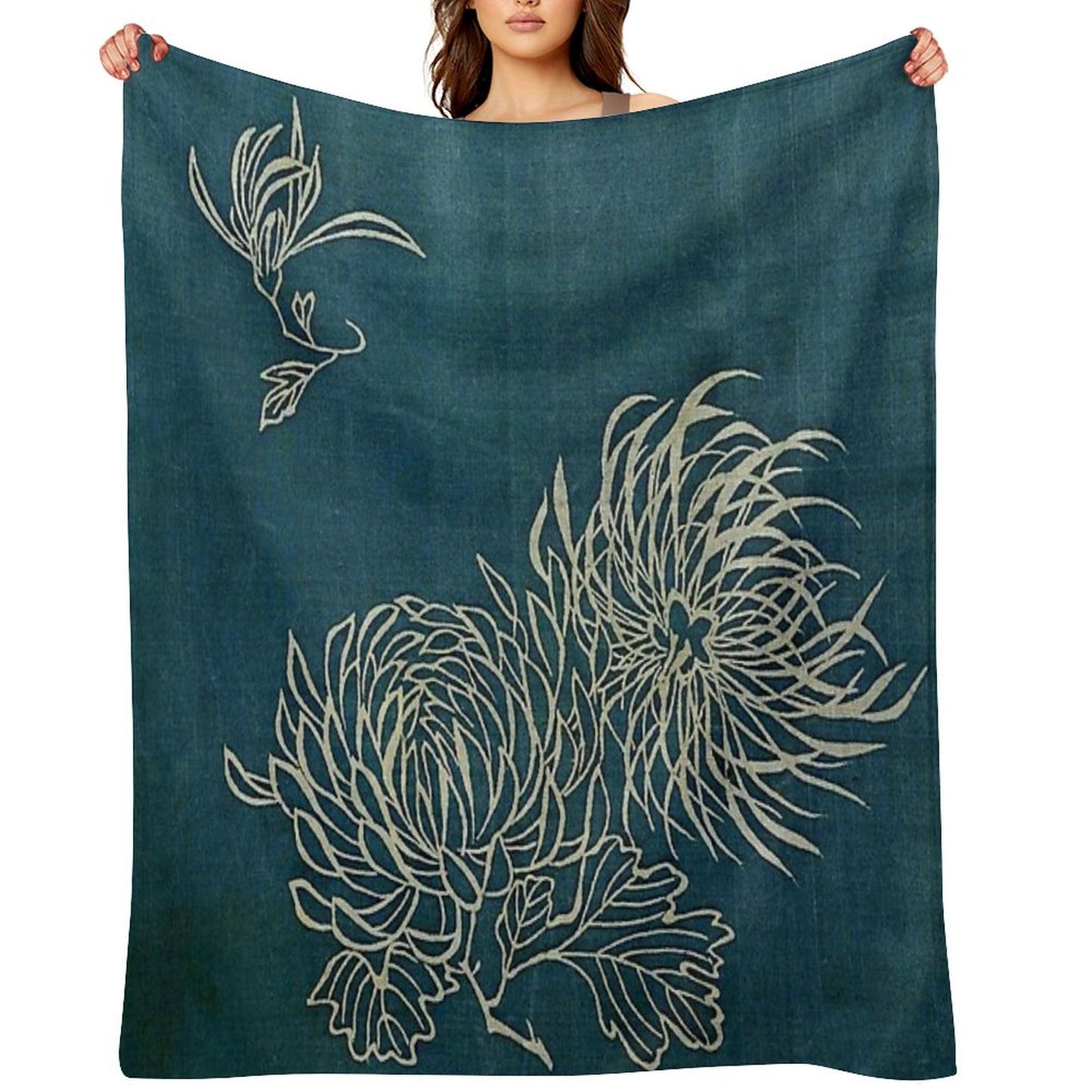 Japanese Textile Blue And White Lotus Flower Throw Blanket