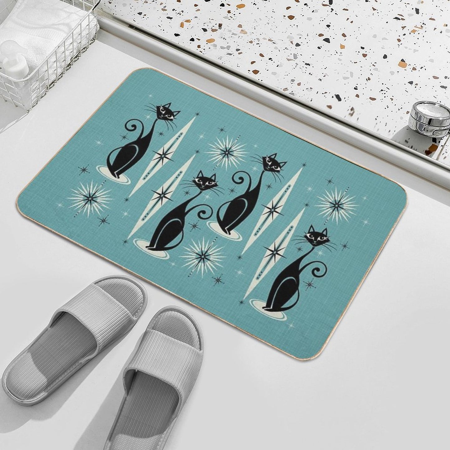 Mid Century Meow on Blue Bath Mat