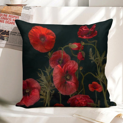Red Poppies On Black Linen Throw Pillow Cover