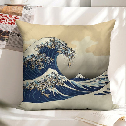 The Great Wave of Pugs Vanilla Sky Linen Throw Pillow Cover