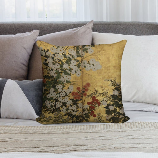 White Red Chrysanthemums Floral Japanese Gold Screen Print Soft Reinforced Edging Throw Pillow