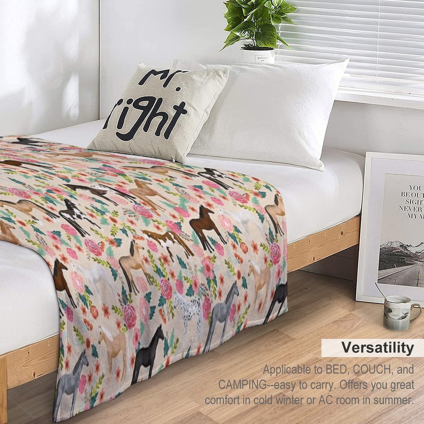 Horses Floral Horse Breeds Farm Animal Pets Throw Blanket