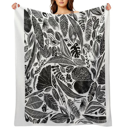 Mixed Leaves, Lino Cut Printed Nature Inspired Hand Printed Pattern Throw Blanket