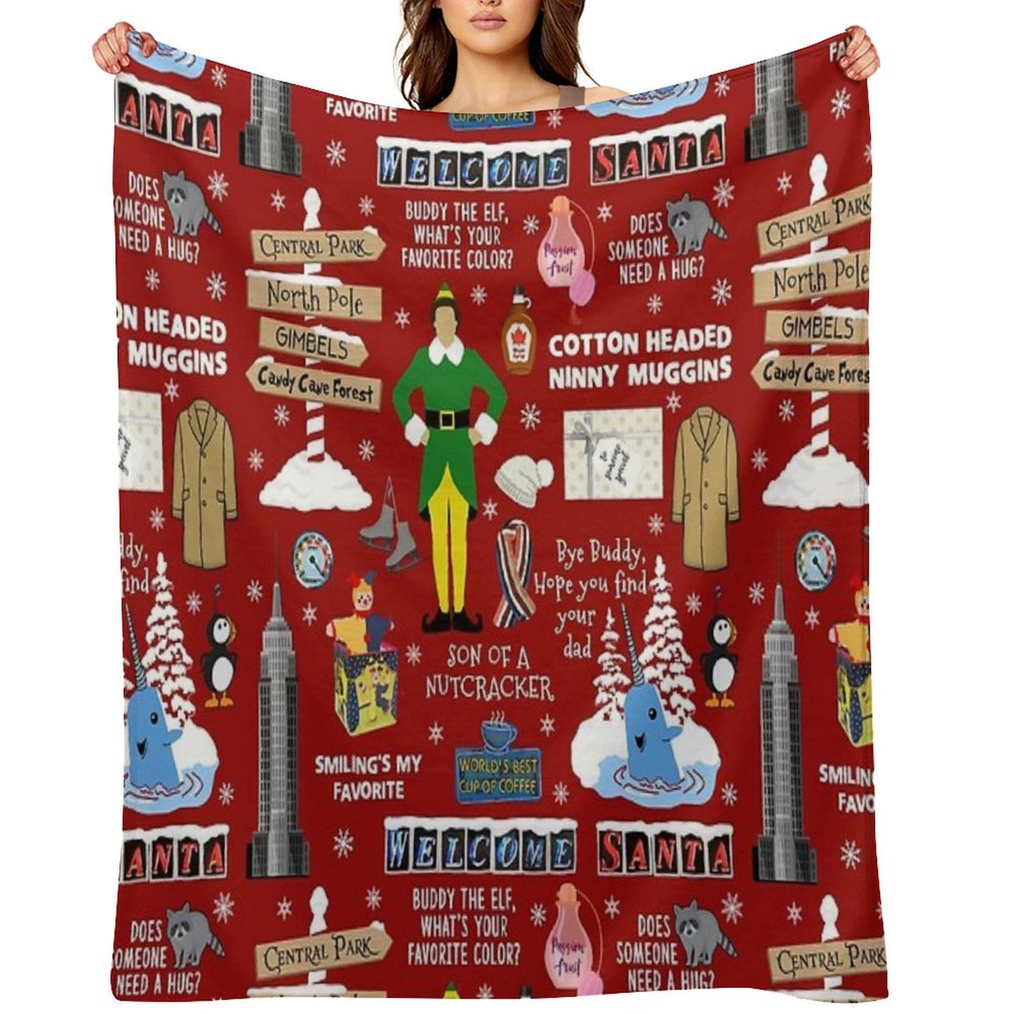 Buddy The Elf Collage, Red Background Throw Blanket