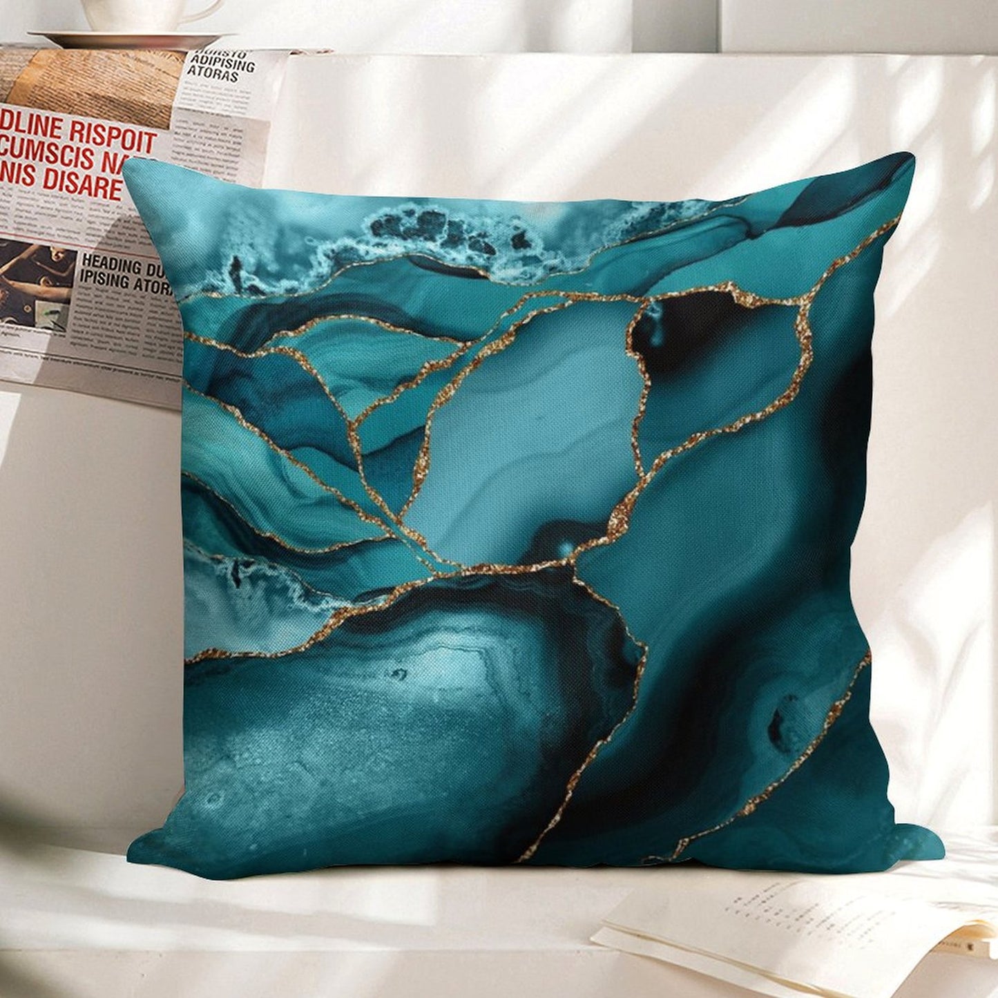 Teal And Gold Faux Marble Landscape Waves Linen Throw Pillow Cover