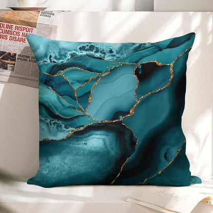 Teal And Gold Faux Marble Landscape Waves Linen Throw Pillow Cover