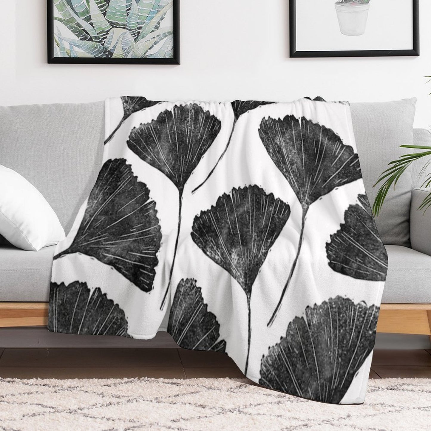 Ginkgo Biloba, Lino Cut Nature Inspired Leaf Pattern Throw Blanket