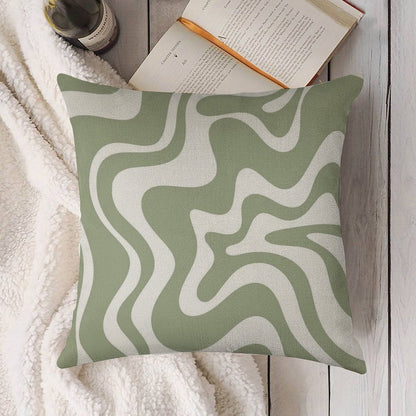 Liquid Swirl Contemporary Abstract Pattern in Sage Green And White Linen Throw Pillow Cover