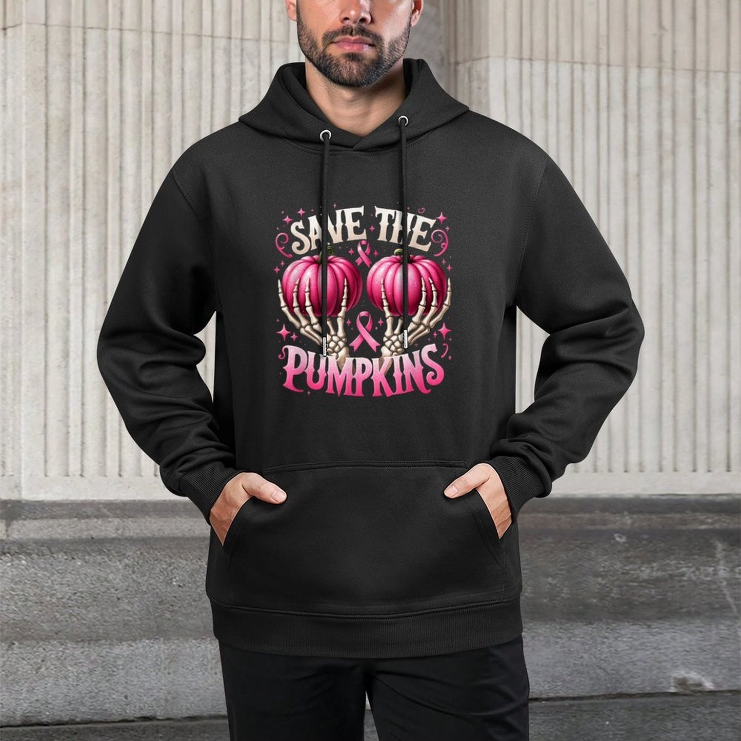 Save The Pumpkins Breast Cancer Awareness Skeleton Halloween Pilling-Resistant Hoodie