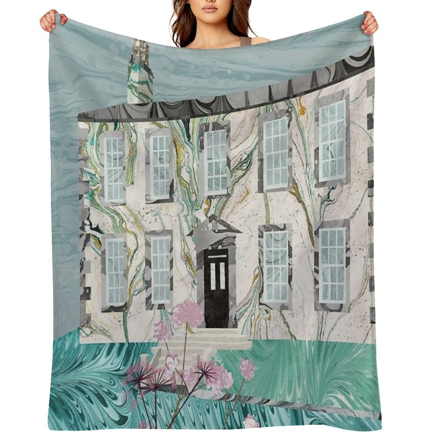 The Bronte Sisters' Parsonage,Haworth  Collage in Marbled Bookbinding Paper Throw Blanket